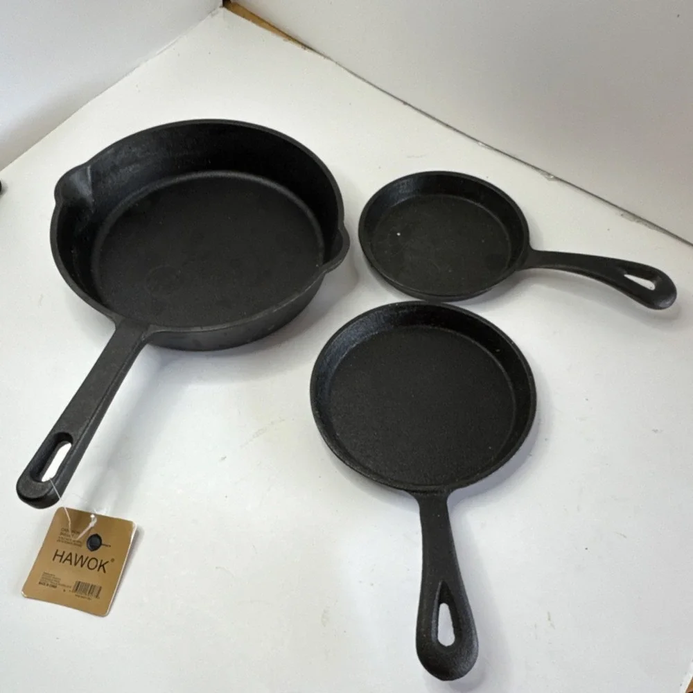 HAWOK Cast Iron 3-Piece small Frying Pan Set Black Uncoated Long Handle